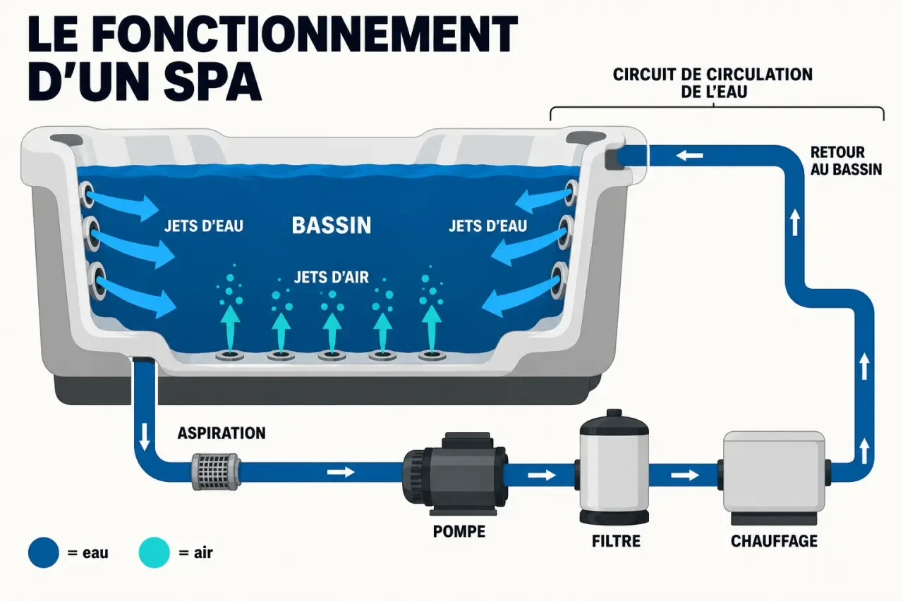 Spa c’est quoi : schéma du fonctionnement avec jets, pompe, chauffage et filtration